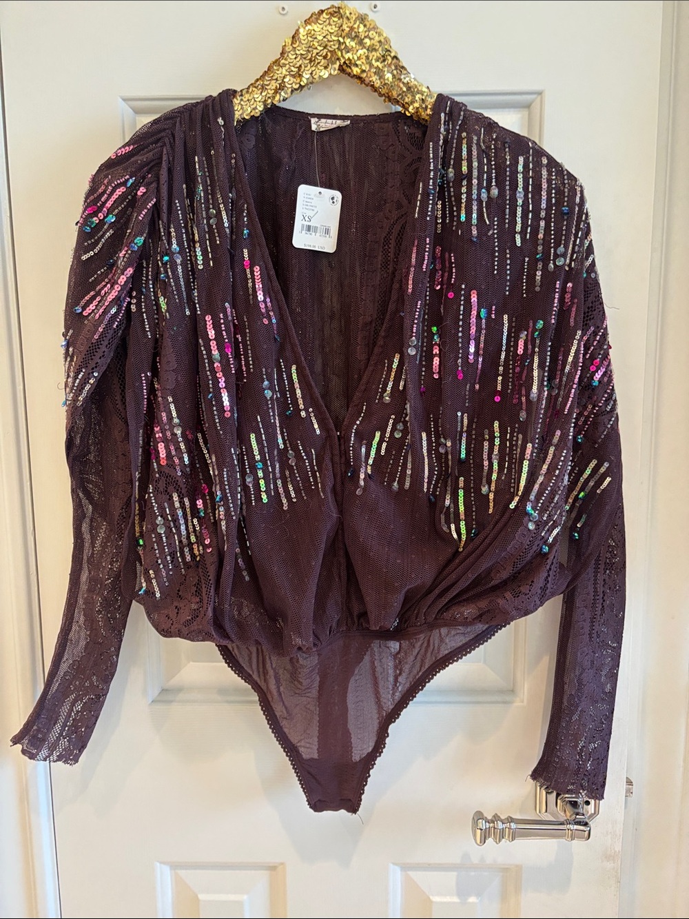 Free People Intimately Business as Usual Embellished Sequin and Bead Bodysuit